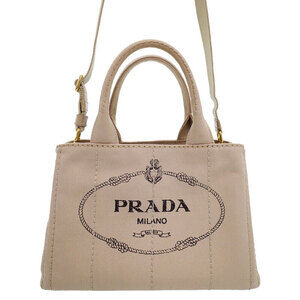 Prada Canapa Tote canvas handbag top handles 2way Beige Tan
